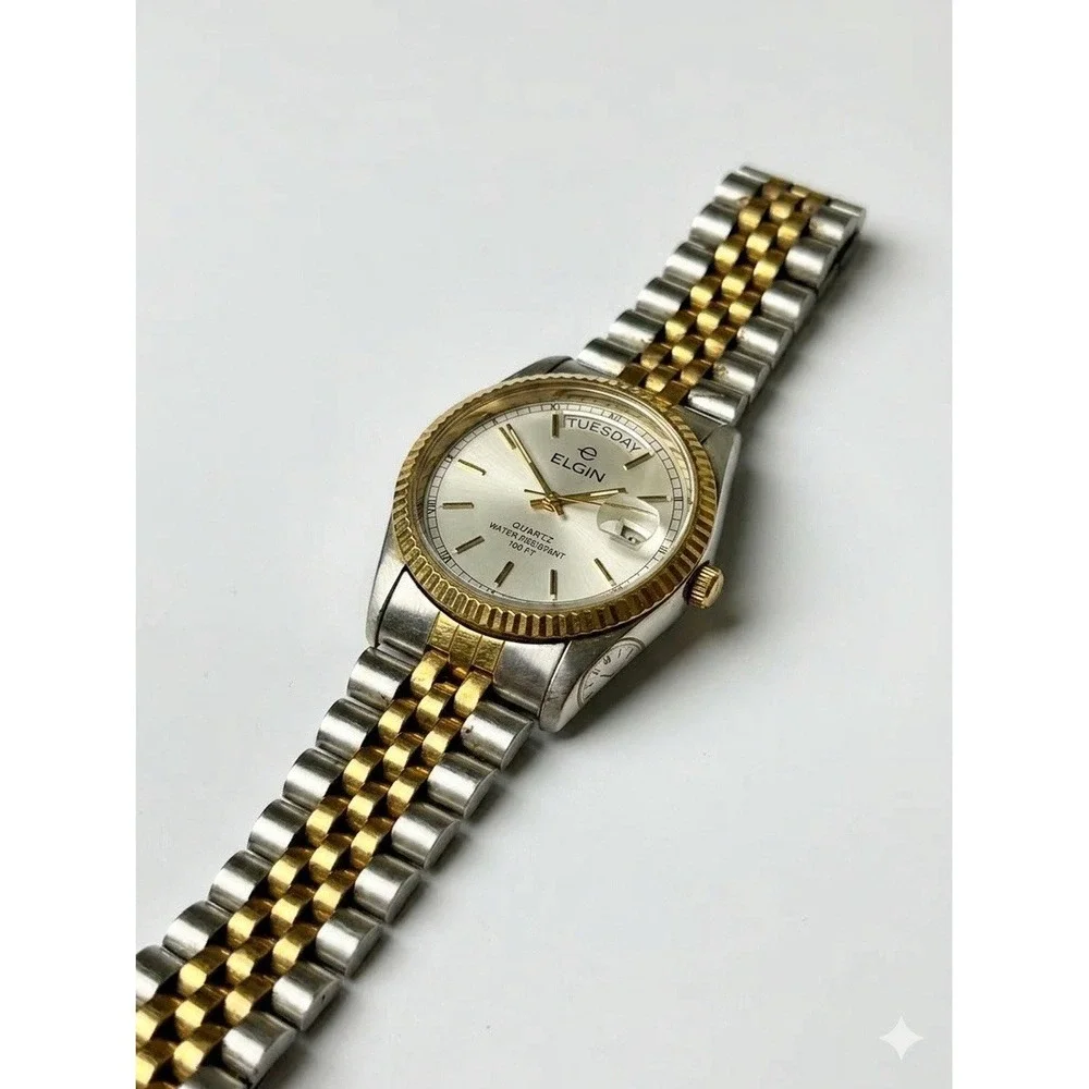 Vintage Elgin FC412 6M55 Two-Tone Day-Date Quartz Men's Watch 100ft